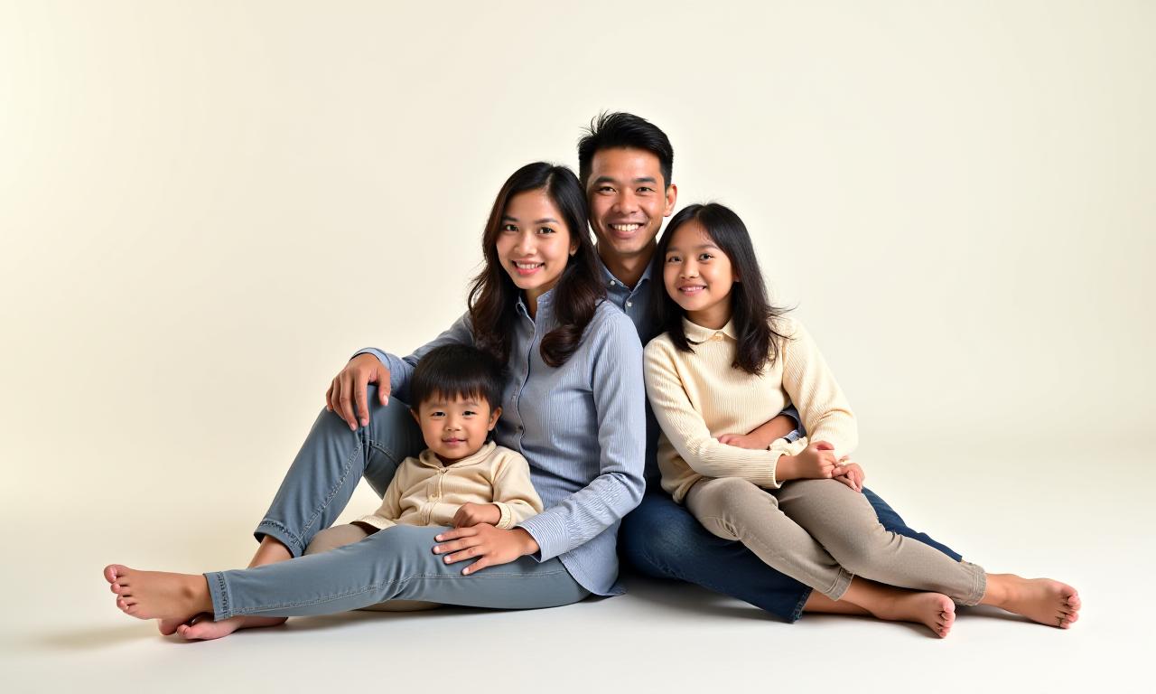 Keluarga bahagia berpose natural di studio