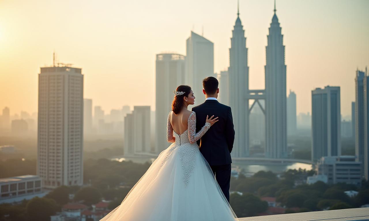 Pasangan pengantin di Jakarta dengan latar belakang arsitektur modern